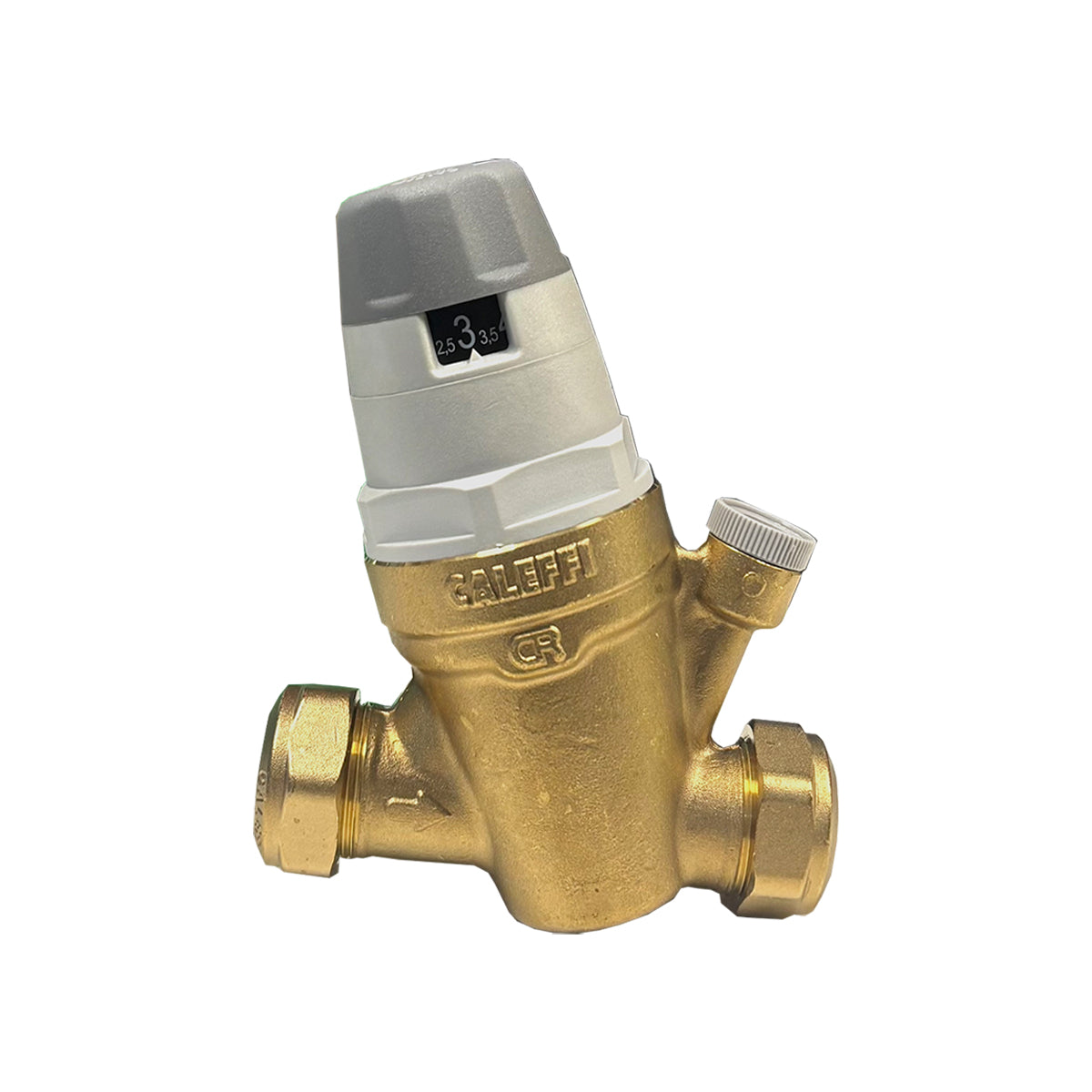 Caleffi 22mm Adjustable Pressure Reducing Valve with brass body, grey adjustment knob, and gold connectors for secure plumbing
Ask ChatGPT